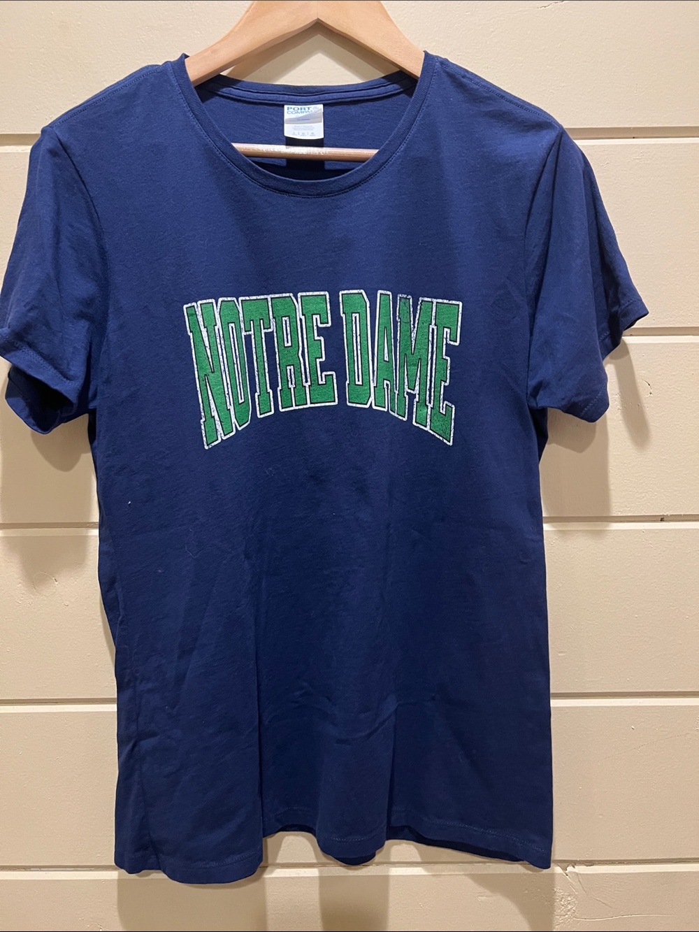 Port and Company Navy Tee with Green 'Notre Dame' Appliqué